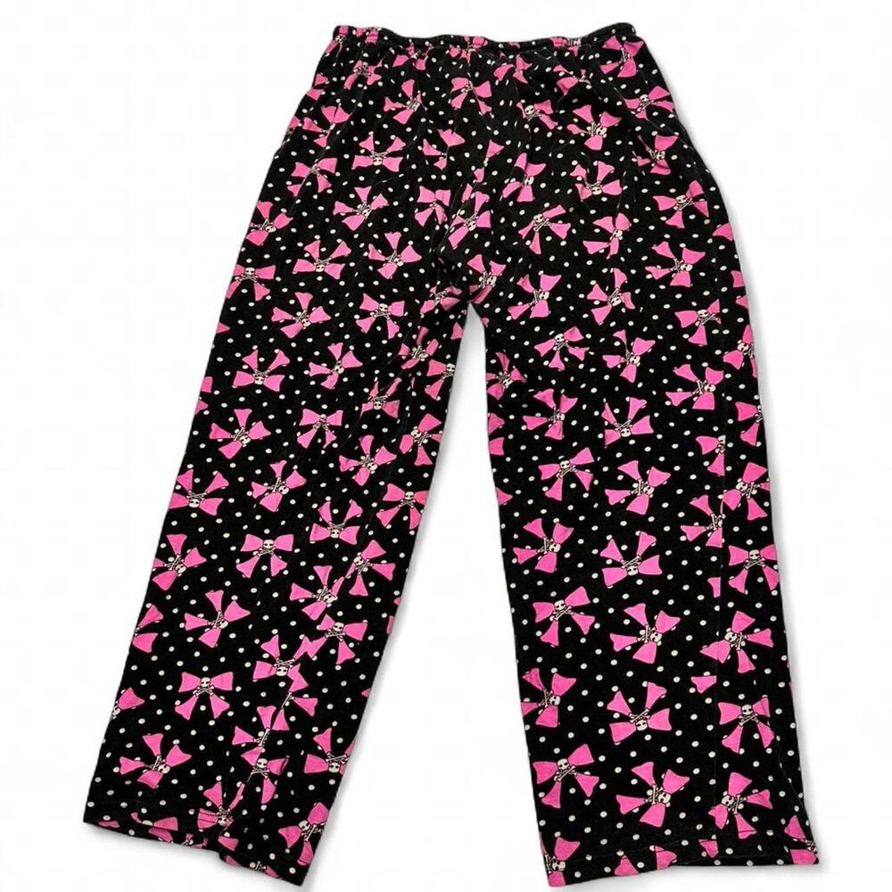 USA Ladies Black & White Polka Dots Skulls on Pink Bows Size Medium 100% Cotton - Picture 2 of 5